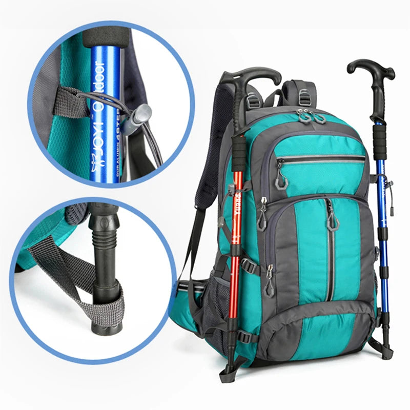 Nylon 50L camping backpack by Corporación Turística with multiple compartments and adjustable straps for outdoor sports and travel.