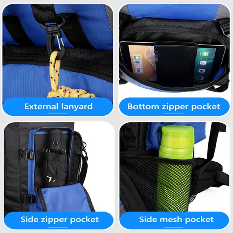 Men's 90L waterproof backpack by Corporación Turística, large capacity outdoor bag with durable, weather-resistant design.