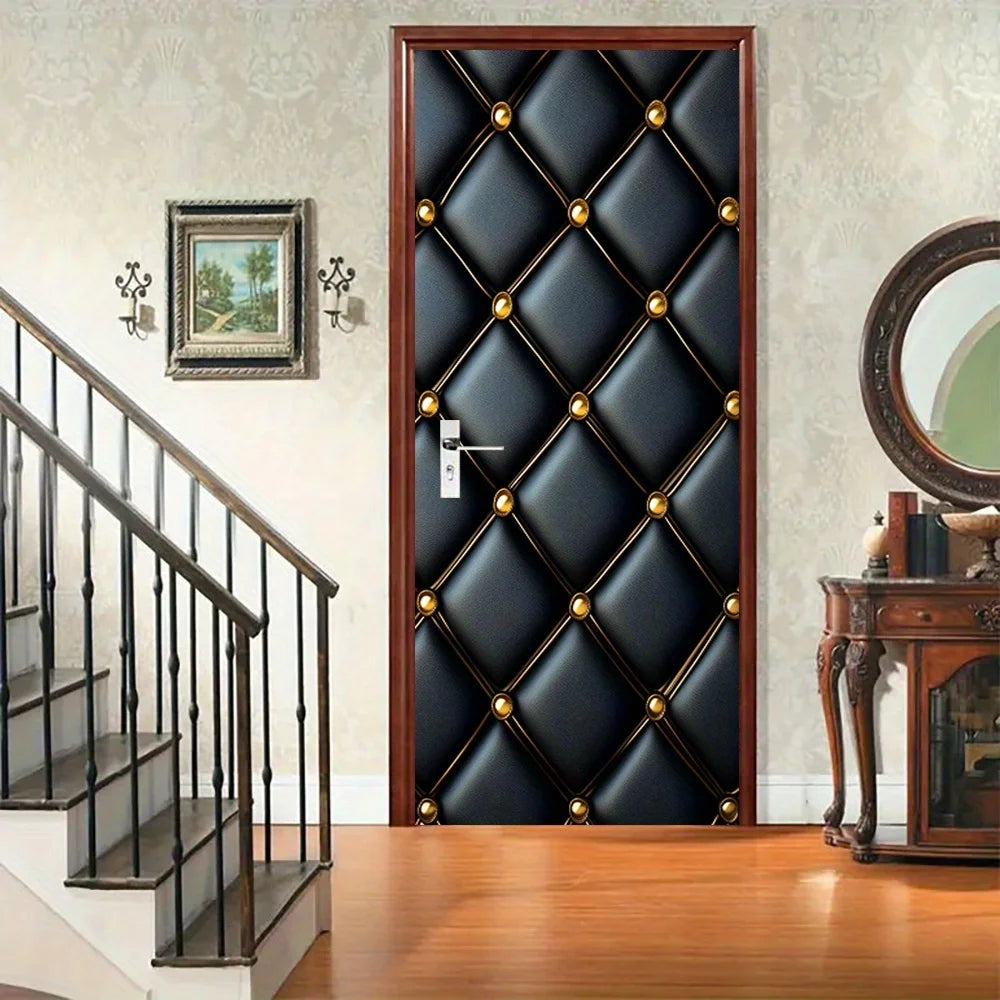Black shiny leather door sticker from Corporación Turística, decorative peel-and-stick wall decal, 38.5cm x 200cm.