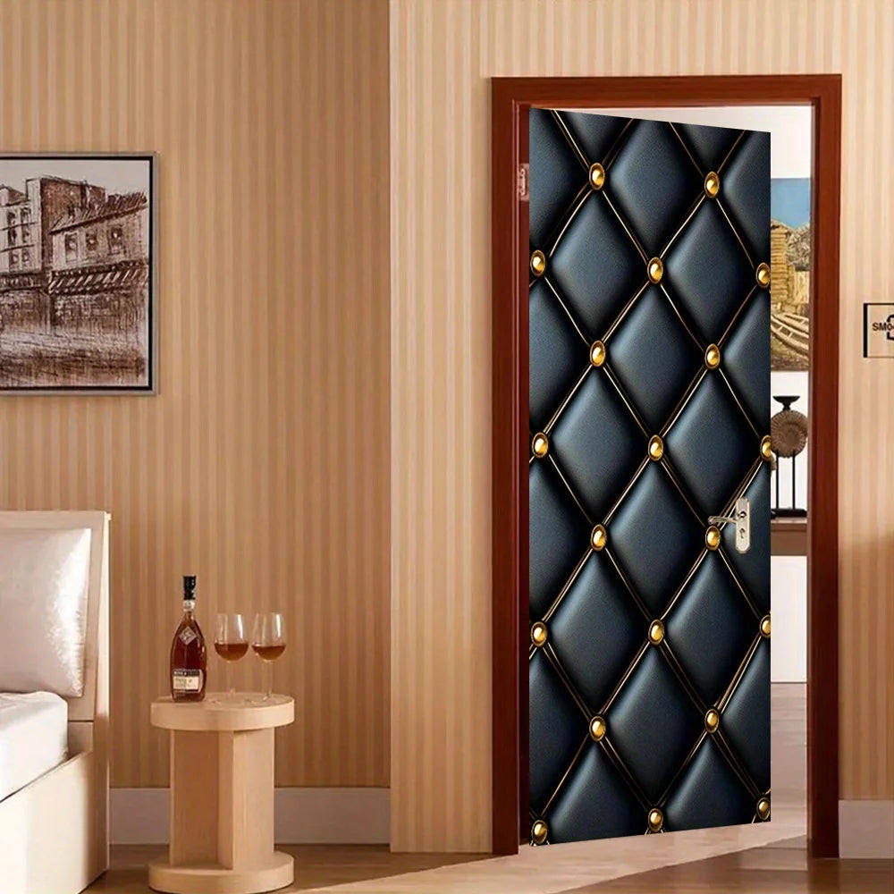 Black leather door sticker set with shiny, removable decals for wall decoration, designed by Corporación Turística.