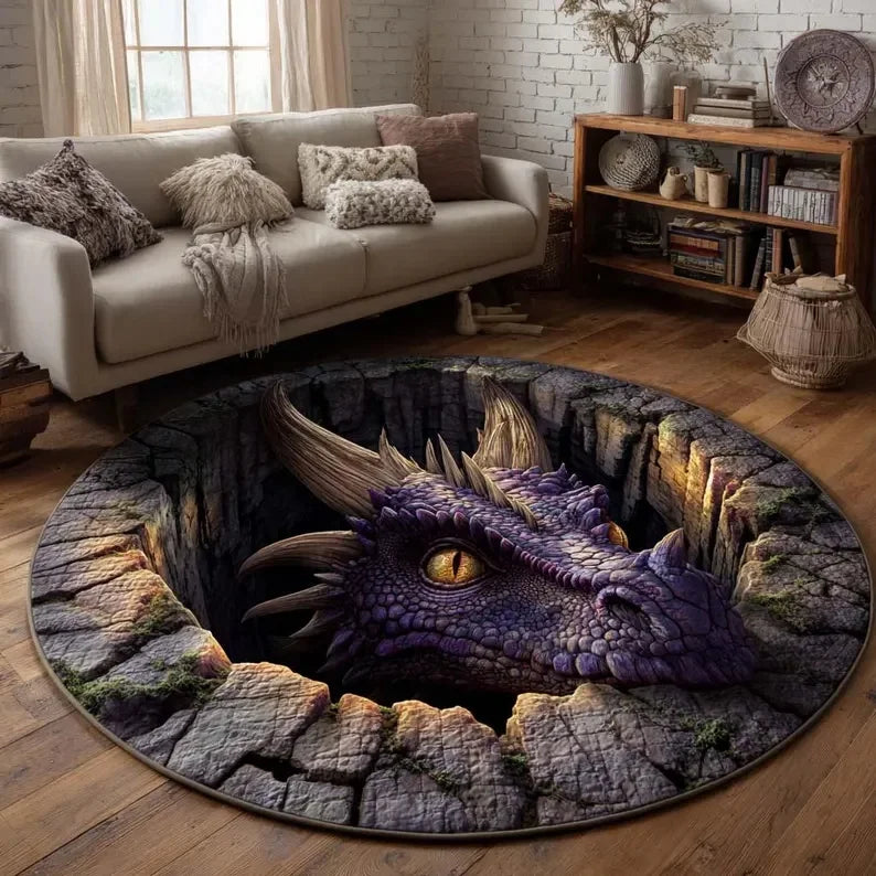 Redonda alfombra Dragón 2D de decoración moderna para sala, diseñada por Corporación Turística, con estilo fantasía y colores vibrantes.