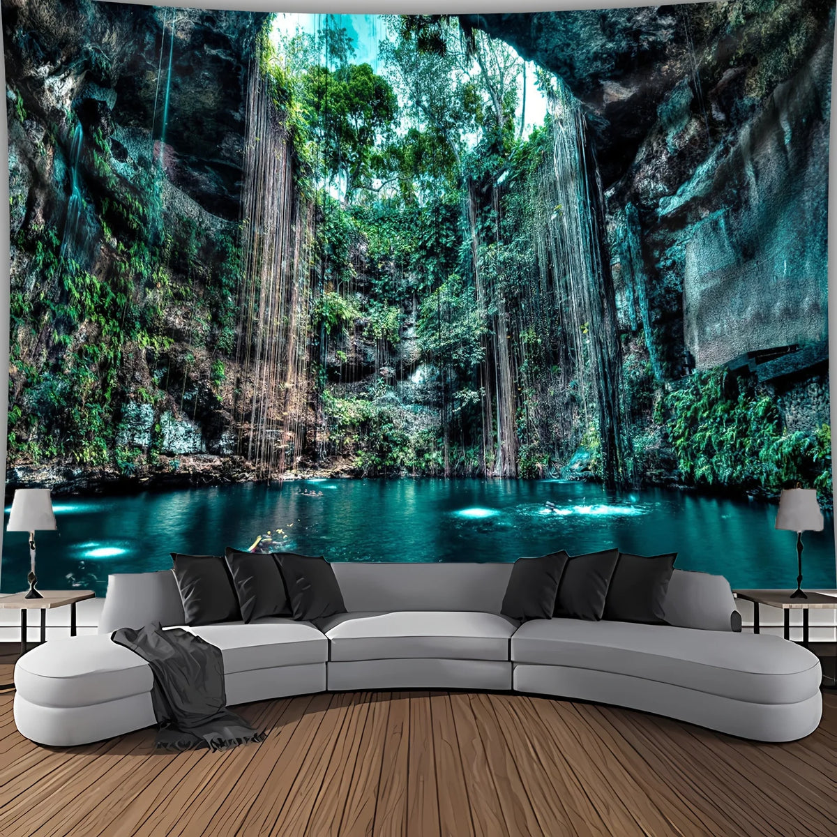 Decoración de fondo fotográfico 2D en poliéster con paisaje de piscina y cueva, ideal para fiestas y eventos.