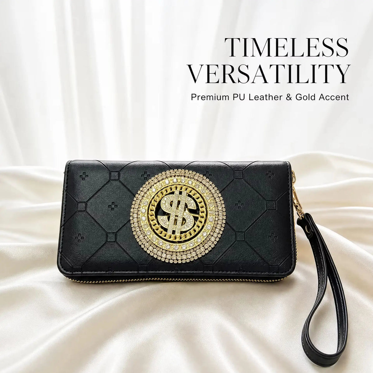 Large capacity black wallet with dual zippers from Corporación Turística, featuring multiple compartments and a sleek design.