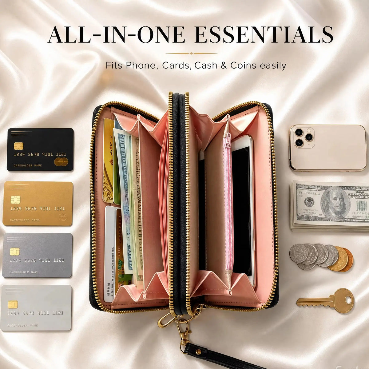 Large capacity leather wallet with double zipper from Corporación Turística, featuring multiple card slots and a secure closure.