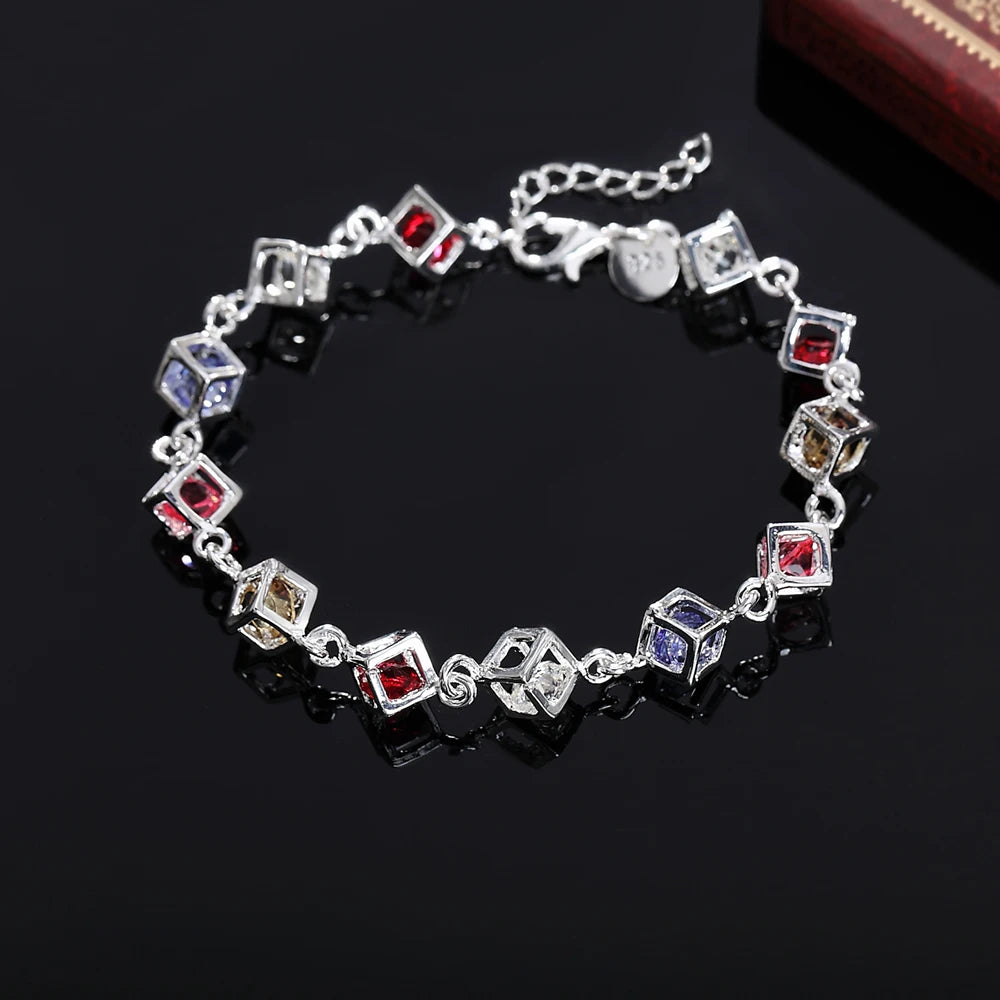 Fine sterling silver chain bracelet with cubic zirconia lattice design, crafted by Corporación Turística.