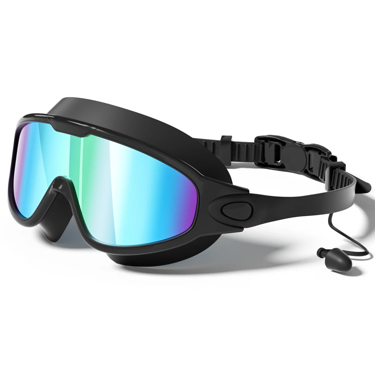 Adult unisex swimming goggles with wide view, anti-fog, UV protection, black transparent design by Corporación Turística.