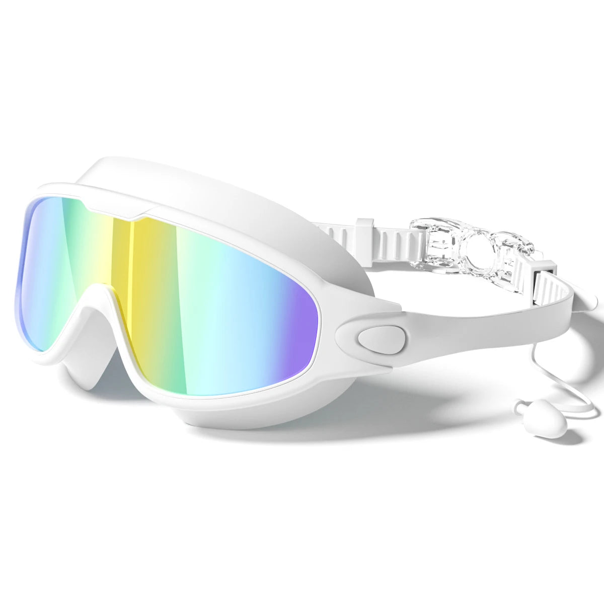 Black transparent adult unisex swimming goggles with wide view, anti-fog, UV protection, designed for sports and swimming activities.