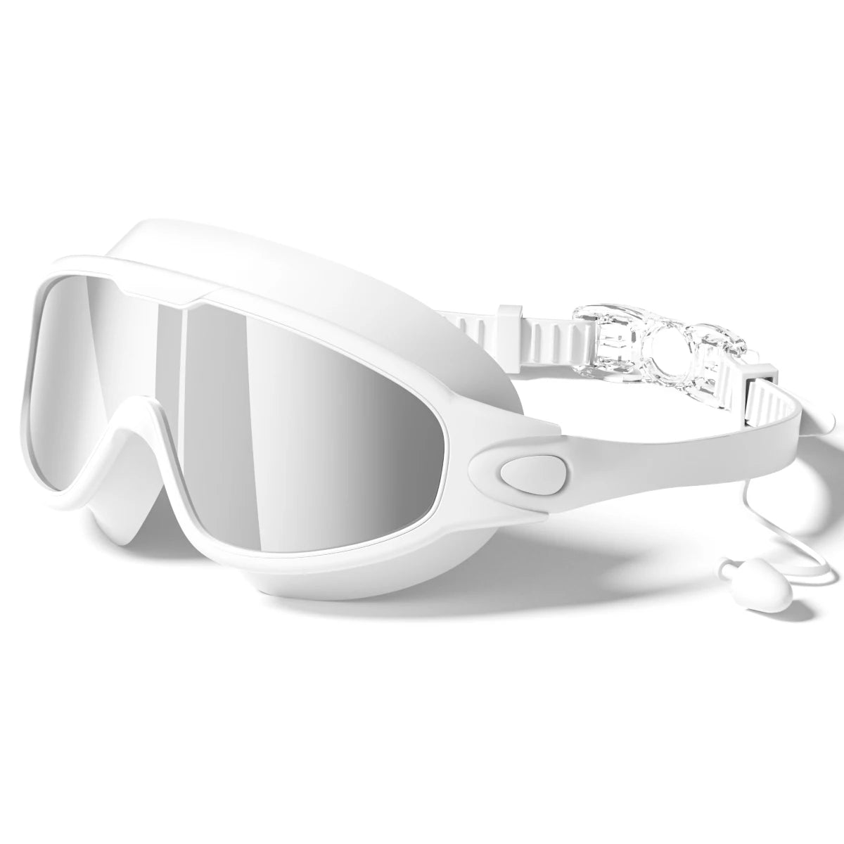 Unisex black and transparent adult swimming goggles with wide view, anti-fog, UV protection, designed for swimming by Corporación Turística.