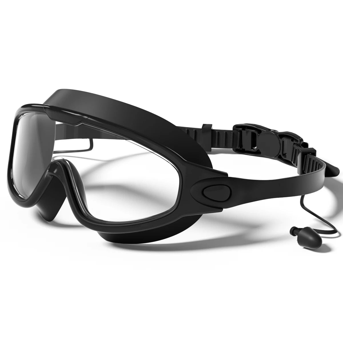 Unisex adult swimming goggles by Corporación Turística with wide view, anti-fog, UV protection, black transparent lenses.