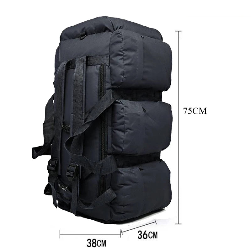 Tactical travel bag by Corporación Turística, 100L luggage backpack with sturdy straps and multiple compartments for outdoor trips.