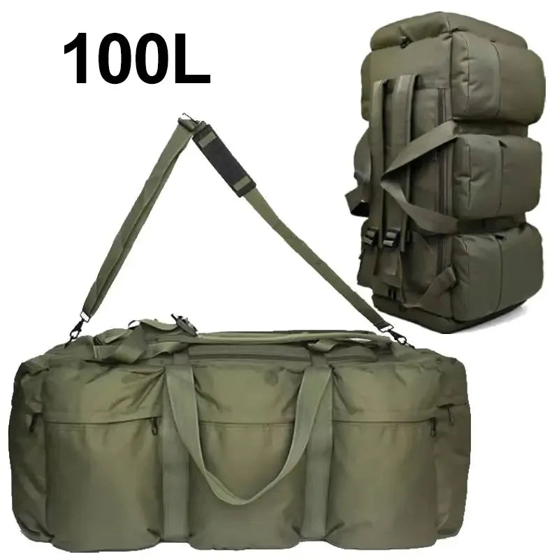 Tactical travel bag 100L by Corporación Turística, durable backpack with multiple compartments for outdoor or travel use.