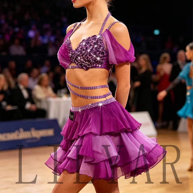 Latino dance practice and competition dress by Corporación Turística, custom size, featuring vibrant fabric and elegant design.