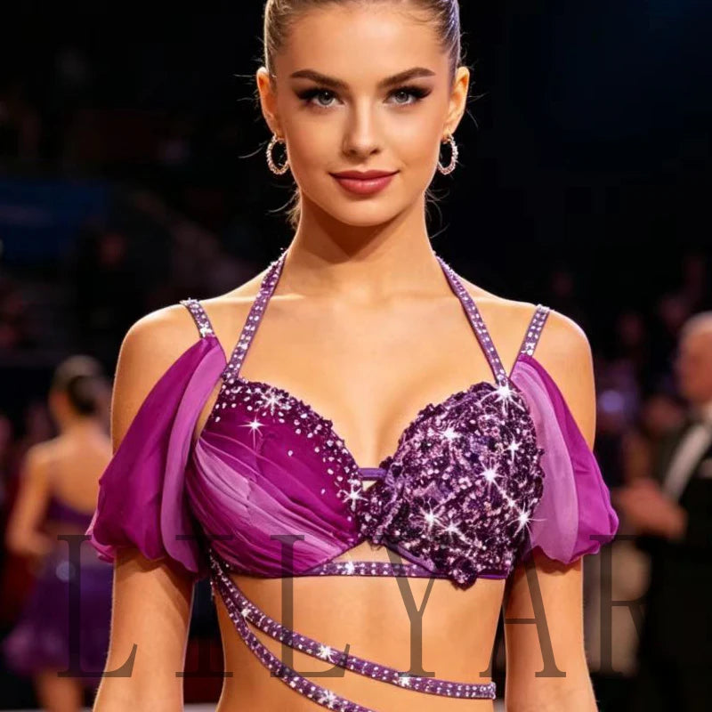 Latino dance practice and competition dress by Corporación Turística, featuring vibrant fabric and fitted design for performances.
