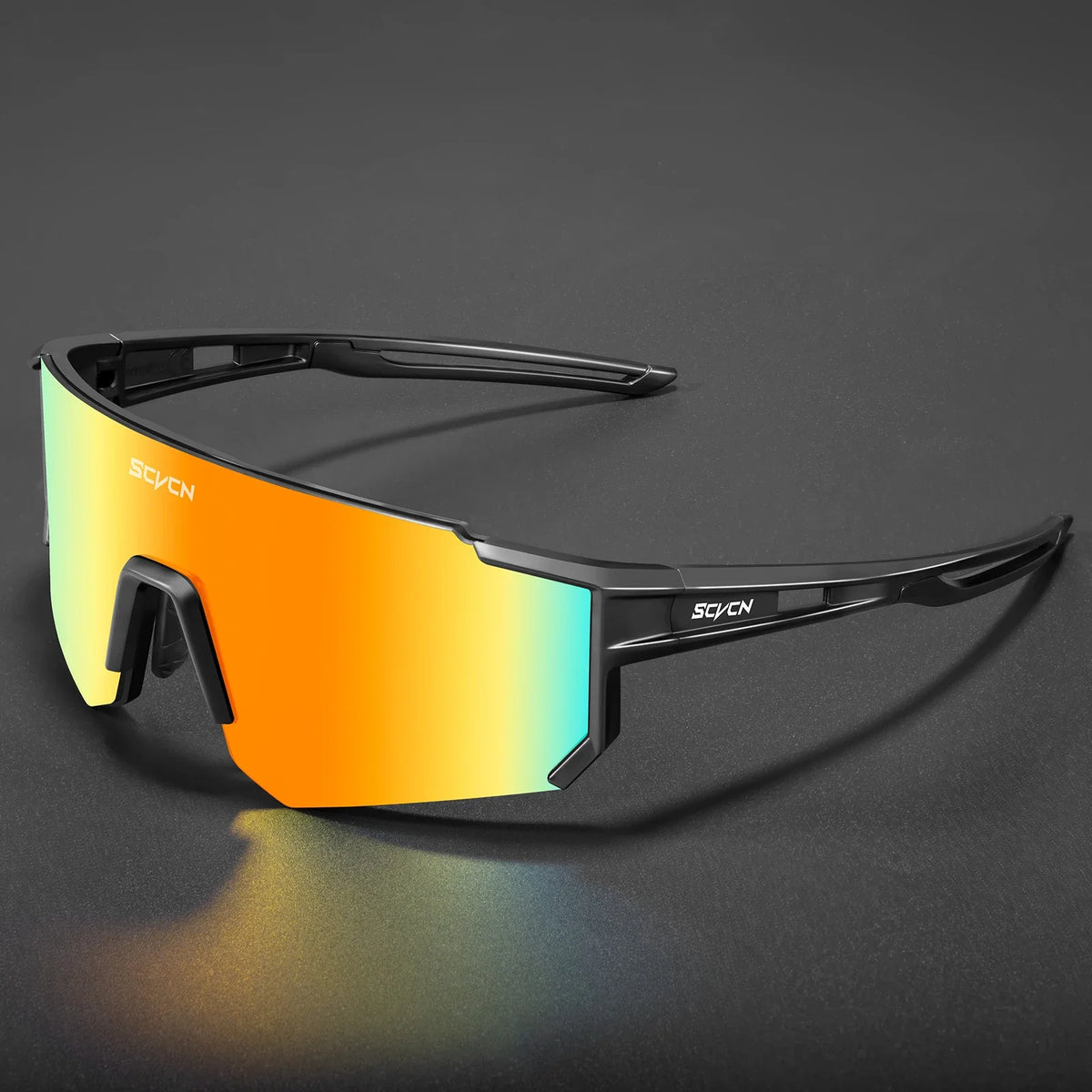 Corpoación Turística SCVCN cycling sunglasses with black frames and mirrored lenses for outdoor cycling.