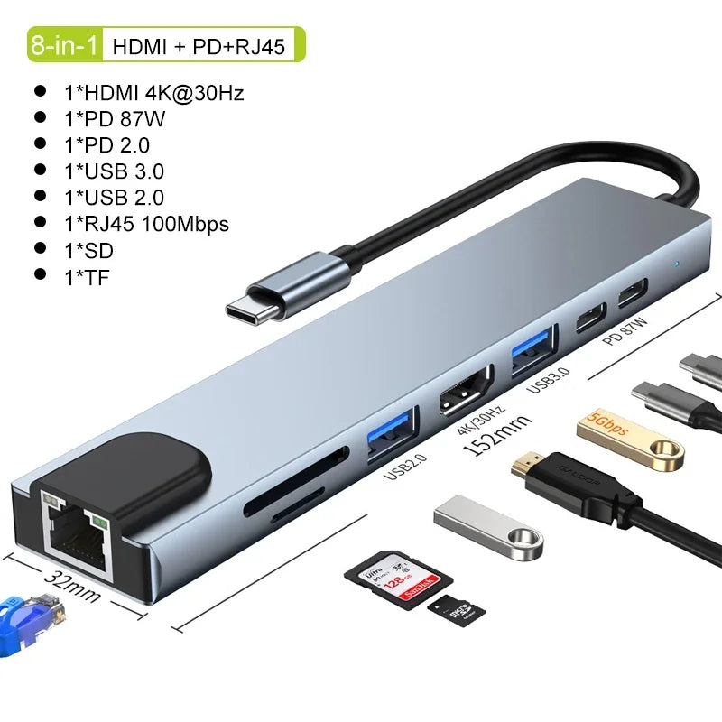 Corporación Turística USB C 8-in-1 hub with 4K HDMI, RJ45 Ethernet, PD fast charging for laptops, electronic accessories.