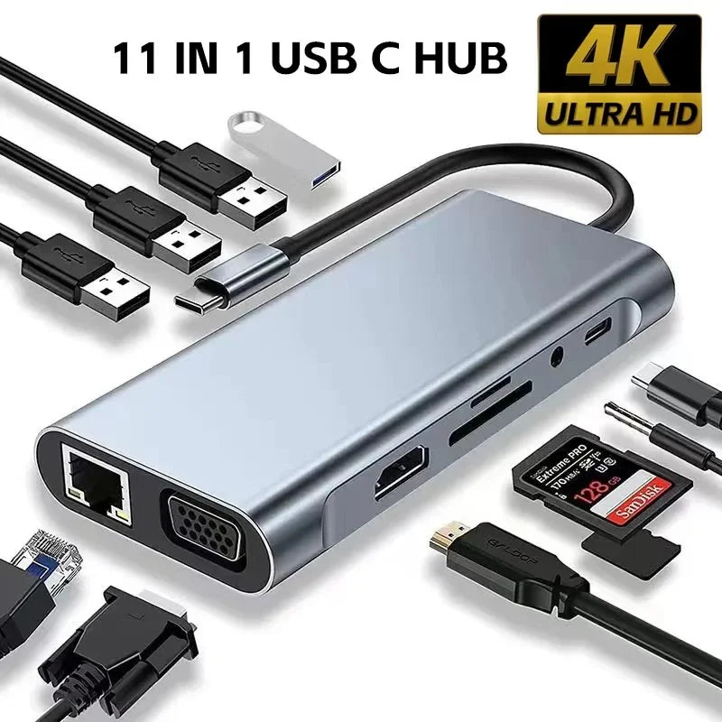 Corporación Turística 8-in-1 USB C hub with 4K HDMI, RJ45 Ethernet, PD fast charging port, perfect for laptops.