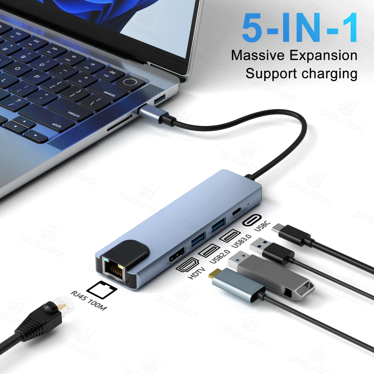 Corporación Turística 8-in-1 USB C hub with 4K HDMI, RJ45 Ethernet, PD fast charging for laptops, multiple ports for connectivity.