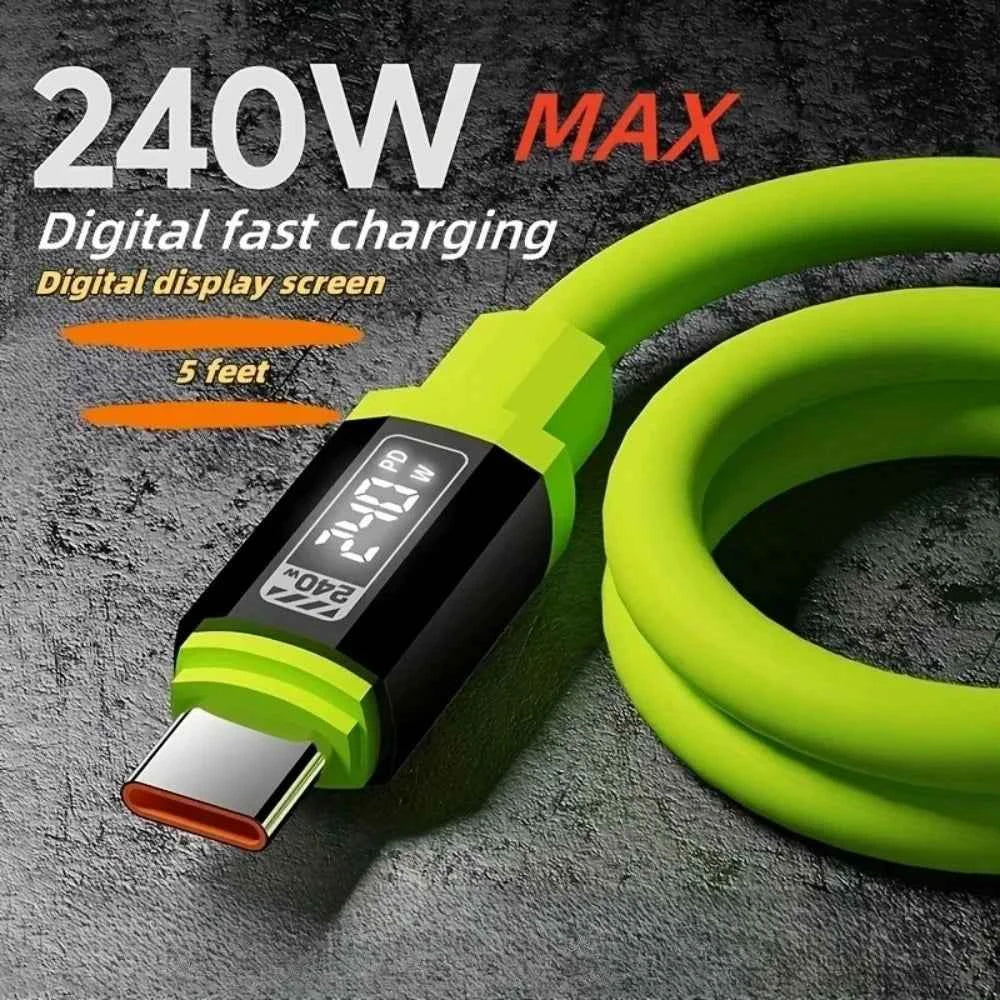 USB C 240W fast charging cable from Corporación Turística, compatible with iPhone, Samsung, and Xiaomi devices.