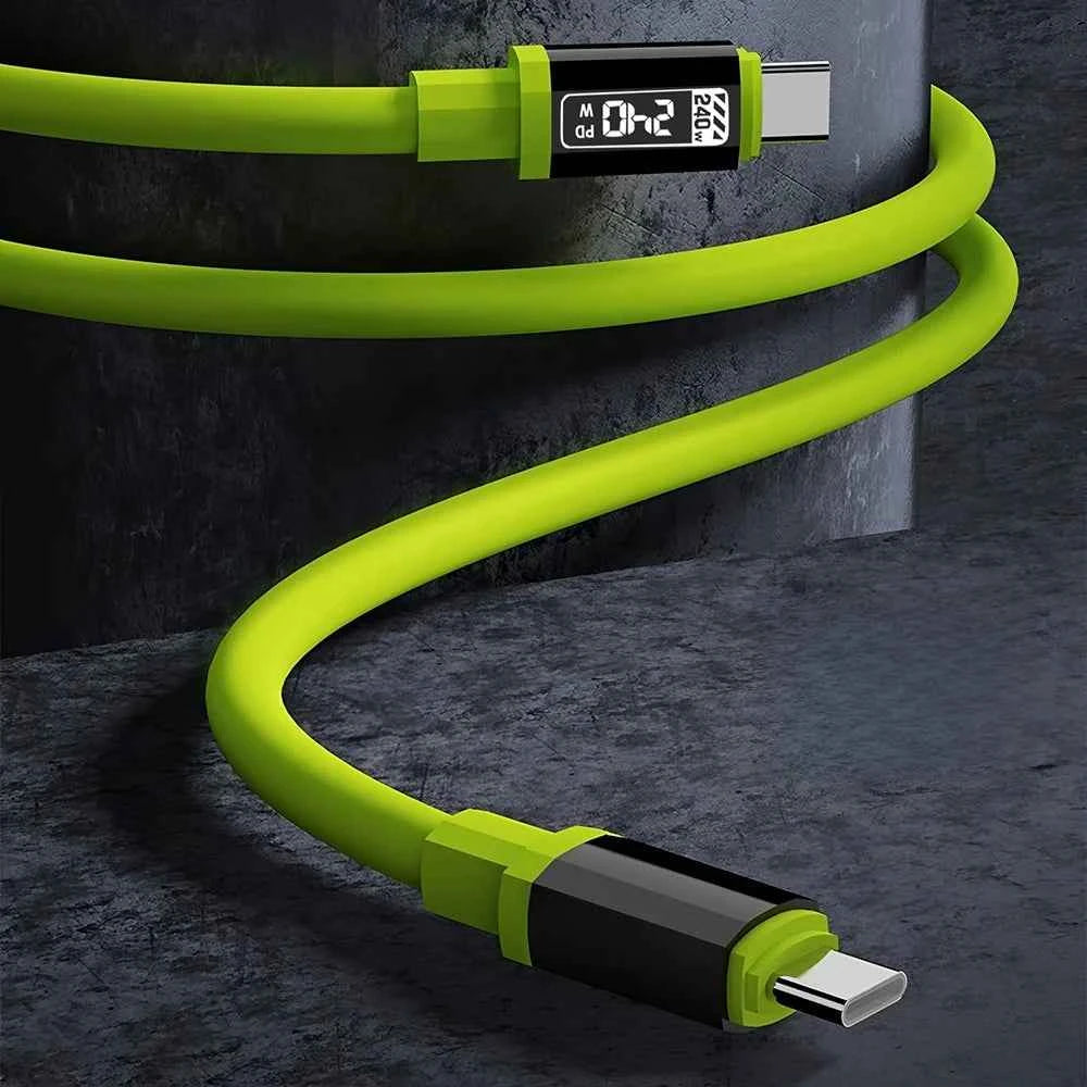 Green USB-C 240W PD fast charging cable by Corporación Turística for iPhone, Samsung, and Xiaomi devices.