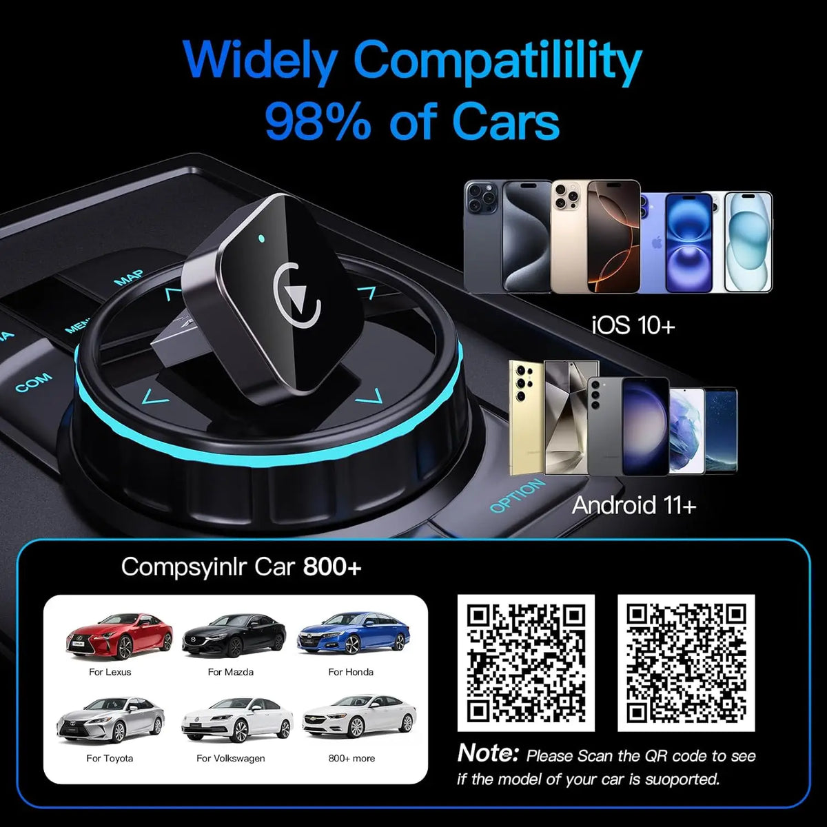 Wireless CarPlay adapter for iPhone and Android from Corporación Turística, with quick connection, for car multimedia systems.