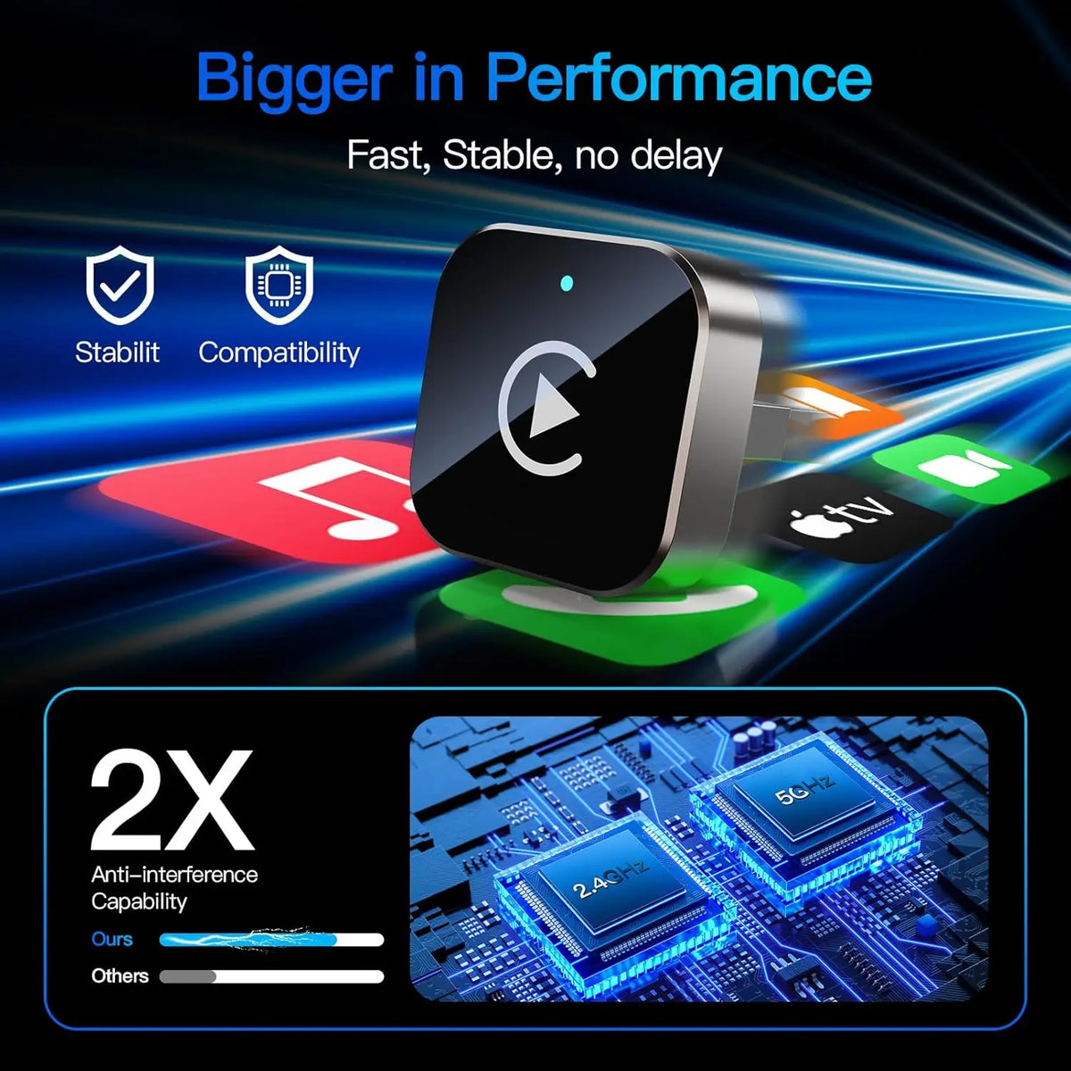 Wireless CarPlay adapter for iPhone and Android from Corporación Turística, shown connected to a vehicle's multimedia system.