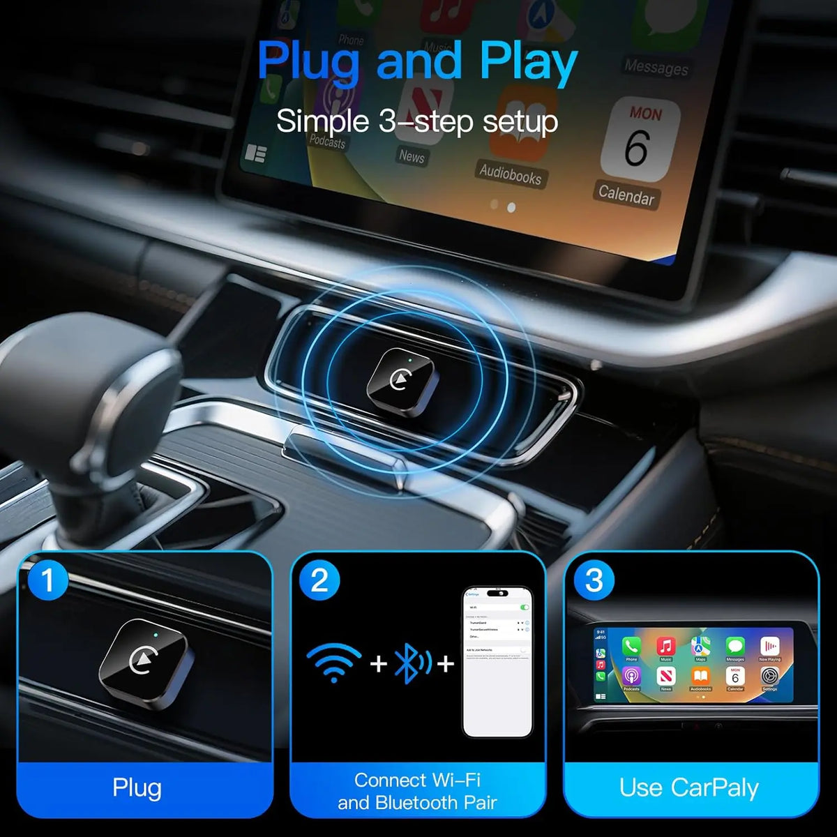 Wireless CarPlay adapter for iPhone and Android, compact electronic accessory for car multimedia systems, provides quick wireless connection.