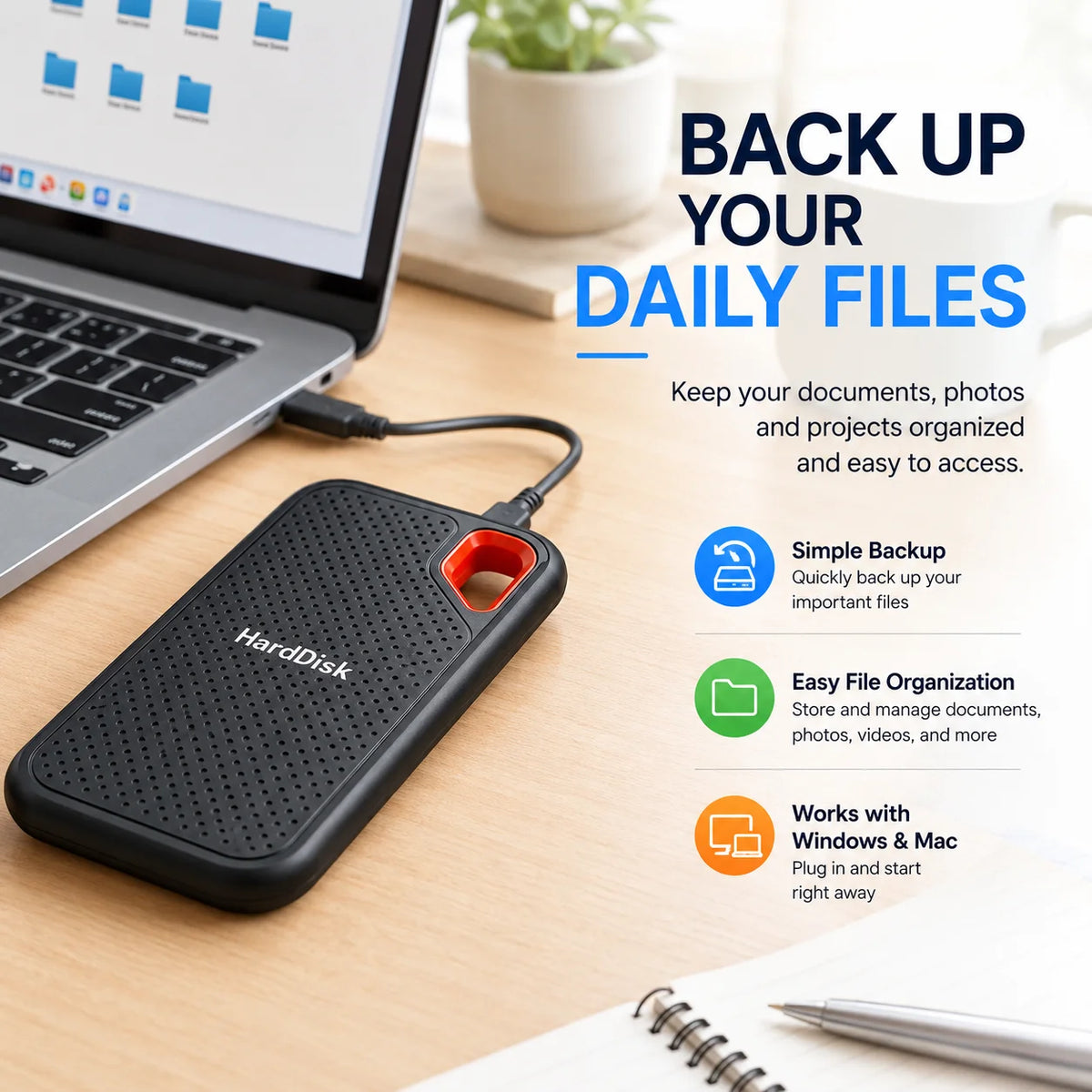 Corporación Turística 1TB external SSD with USB 3.1 port, portable high-speed storage for PC and Mac.