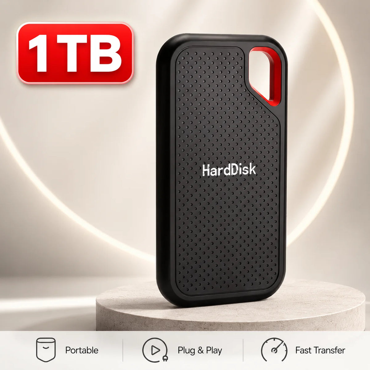 Portable 1TB SSD external drive by Corporación Turística with USB 3.1 connection, high-speed storage for PC and Mac.