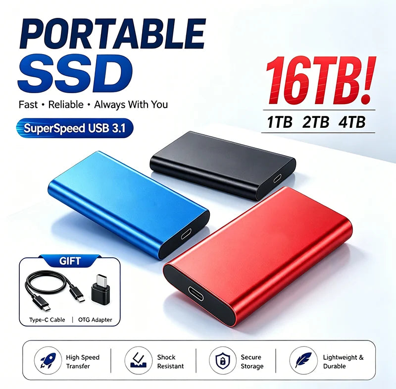 Corporación Turística portable SSD external drive 1TB/2TB USB 3.1, compact storage device with a sleek black design.