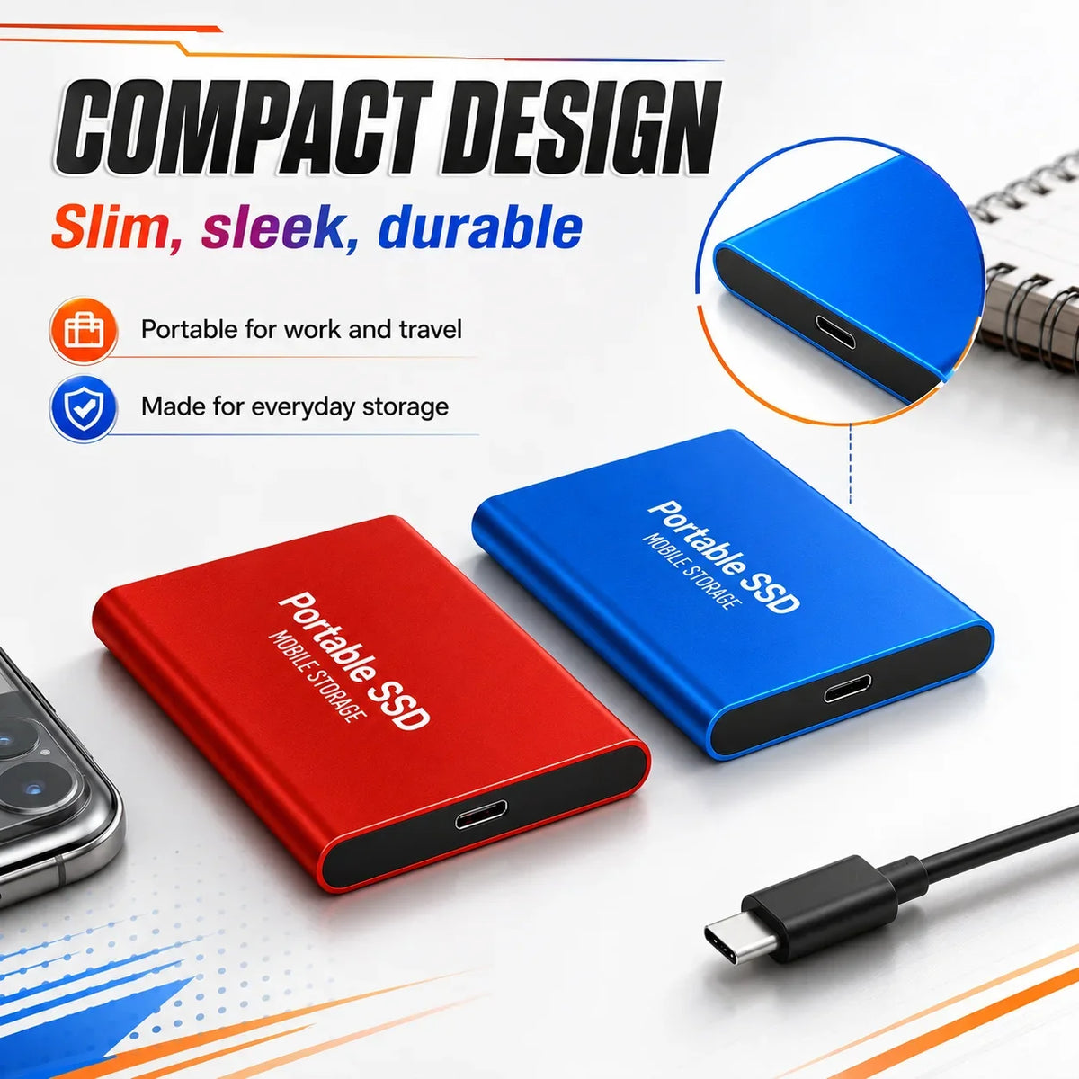 Corporación Turística portable SSD 1TB/2TB external hard drive with USB 3.1 for fast mobile storage, shown with cable and device.