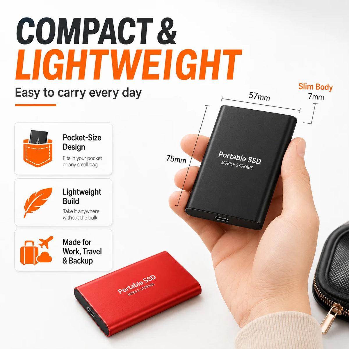 Corporación Turística portable SSD with 1TB or 2TB USB 3.1 external hard drive on a white background.