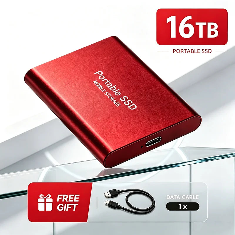 Corporación Turística portable SSD external drive with 1TB or 2TB capacity, USB 3.1 for fast mobile storage.