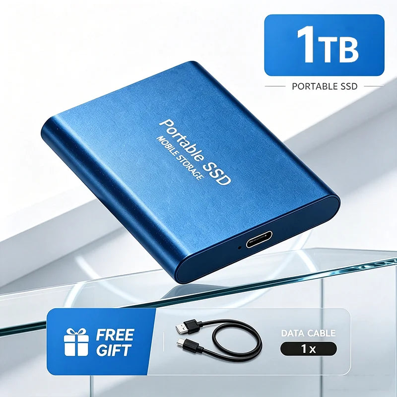 Corporación Turística portable SSD with 1TB or 2TB USB 3.1 external hard drive on a sleek surface.