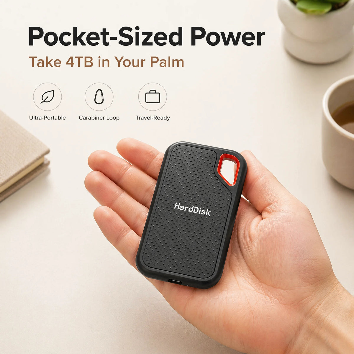 Portable SSD by Corporación Turística with 128TB capacity, USB 3.2, high-performance external storage, sleek design.