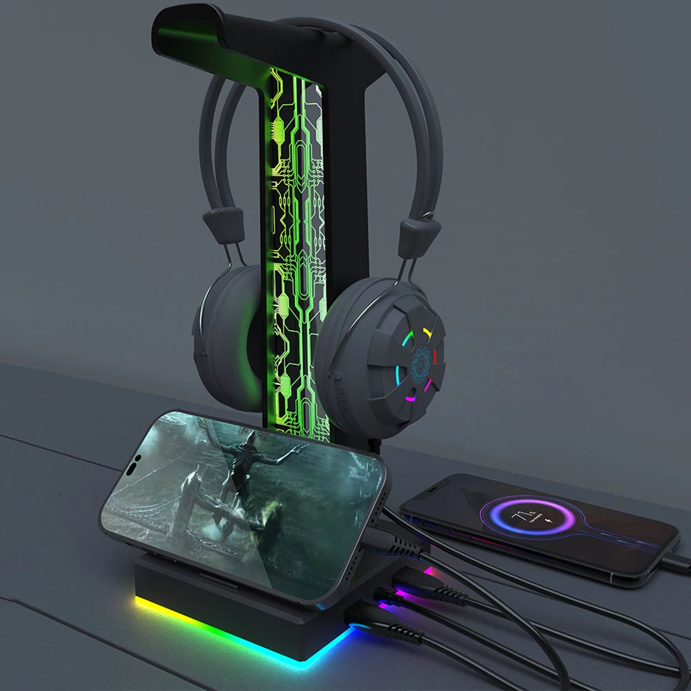 Gaming RGB headphone stand with 10 light modes, USB and 3.5mm connectivity, featuring a sleek modern design.