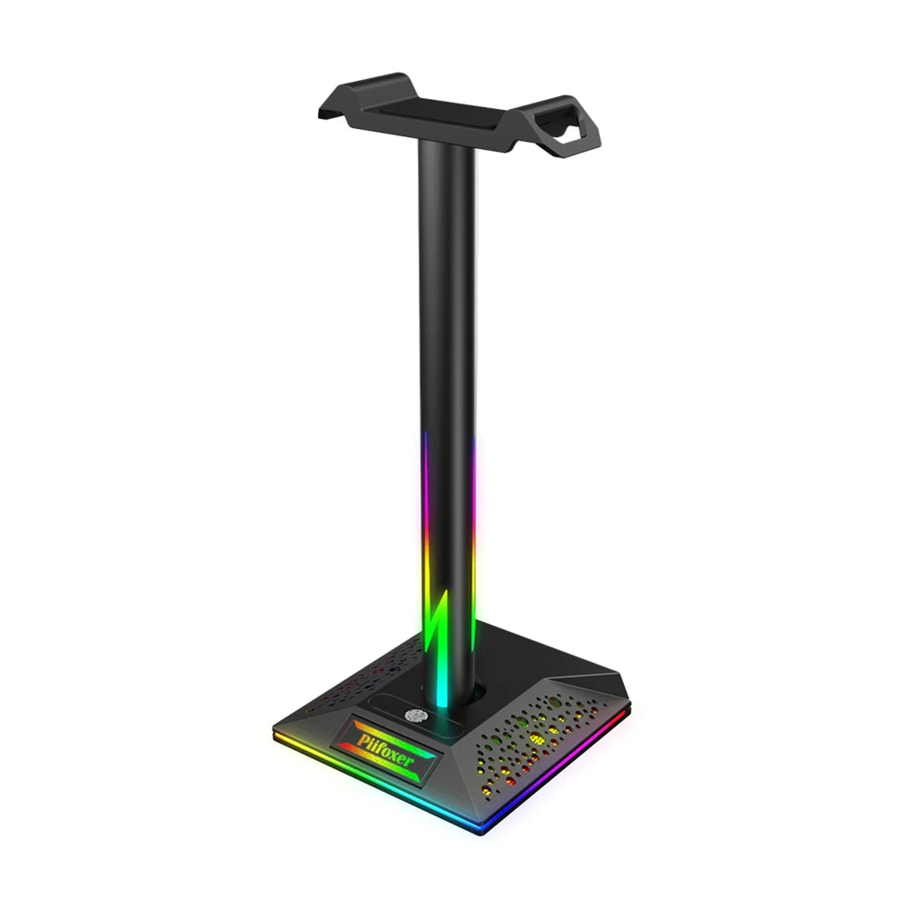 Gaming RGB headphone stand with 10 light modes, USB and 3.5mm audio port, by Corporación Turística, showcases a sleek, illuminated design.