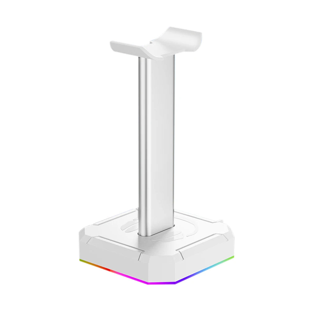 Gaming RGB headphone stand with 10 lighting modes, USB and 3.5mm audio ports, branded by Corporación Turística.