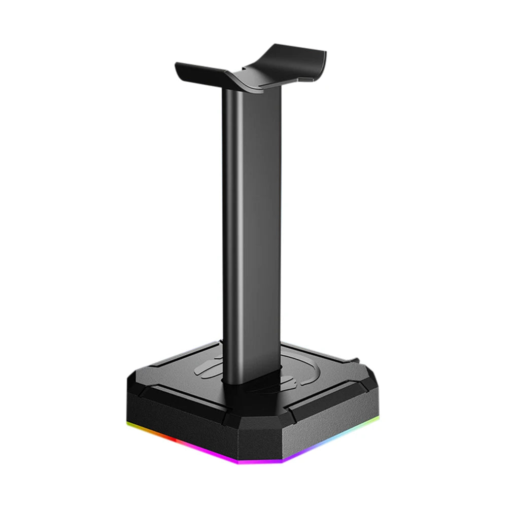 Gaming RGB headphone stand with 10 lighting modes, USB and 3.5mm audio connection, made by Corporación Turística.