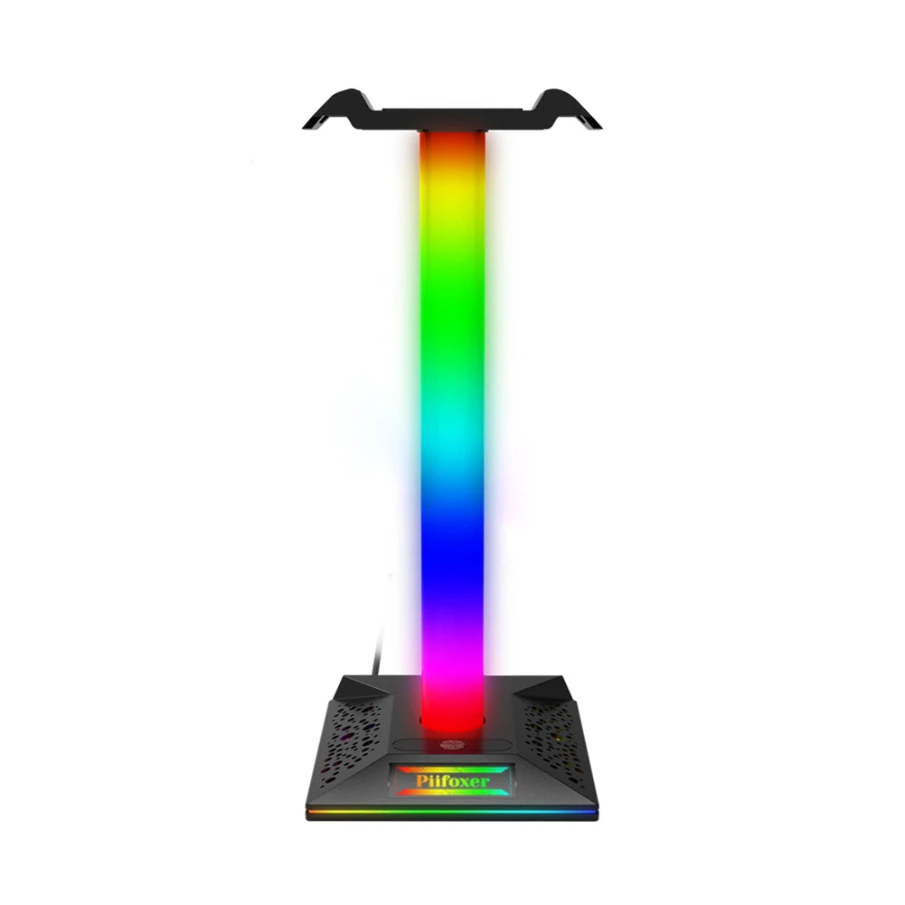 Gaming RGB headphone stand with 10 lighting modes, USB and 3.5mm ports, supporting electronic audio accessories.