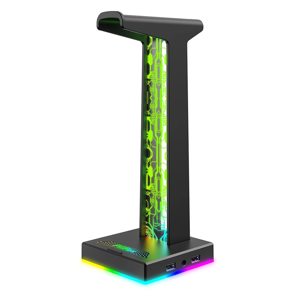 Gaming RGB headphone stand with 10 lighting modes, USB and 3.5mm connections, by Corporación Turística, for electronic audio accessories.
