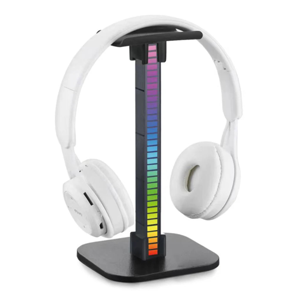 Gaming RGB headphone stand with 10 light modes, USB and 3.5mm connection, made by Corporación Turística, featuring colorful LED lighting.