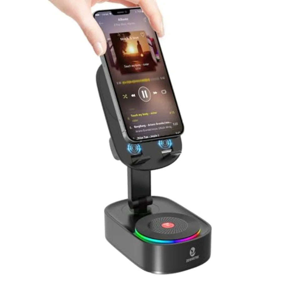 Bluetooth 5-in-1 speaker with mobile support, RGB lights, and 8-hour battery by Corporación Turística, shown with colorful lights.