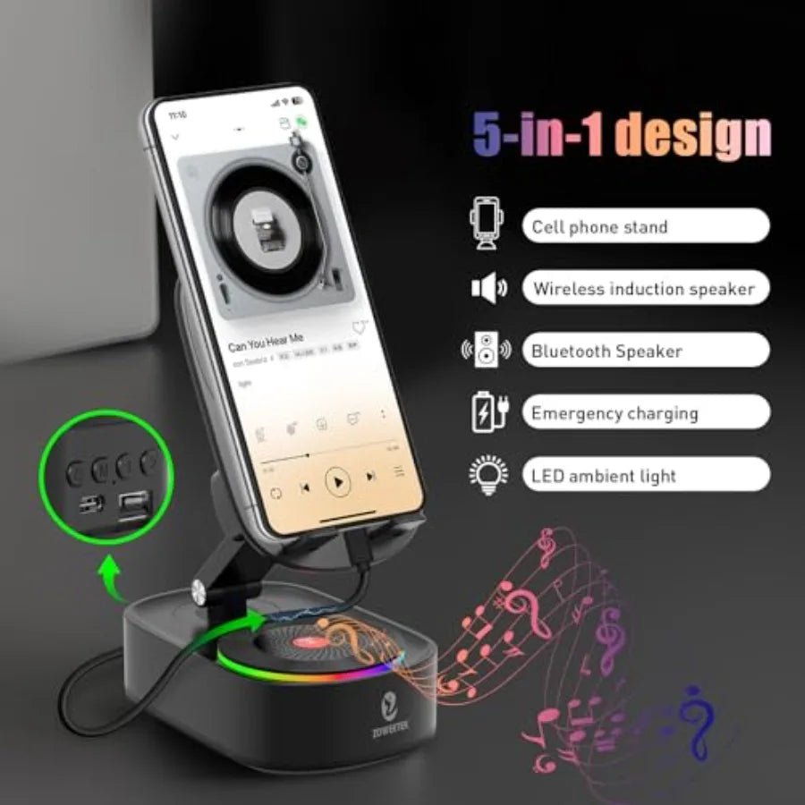 Corporación Turística Bluetooth 5 en 1 speaker with mobile support, RGB light, and 8-hour battery life.