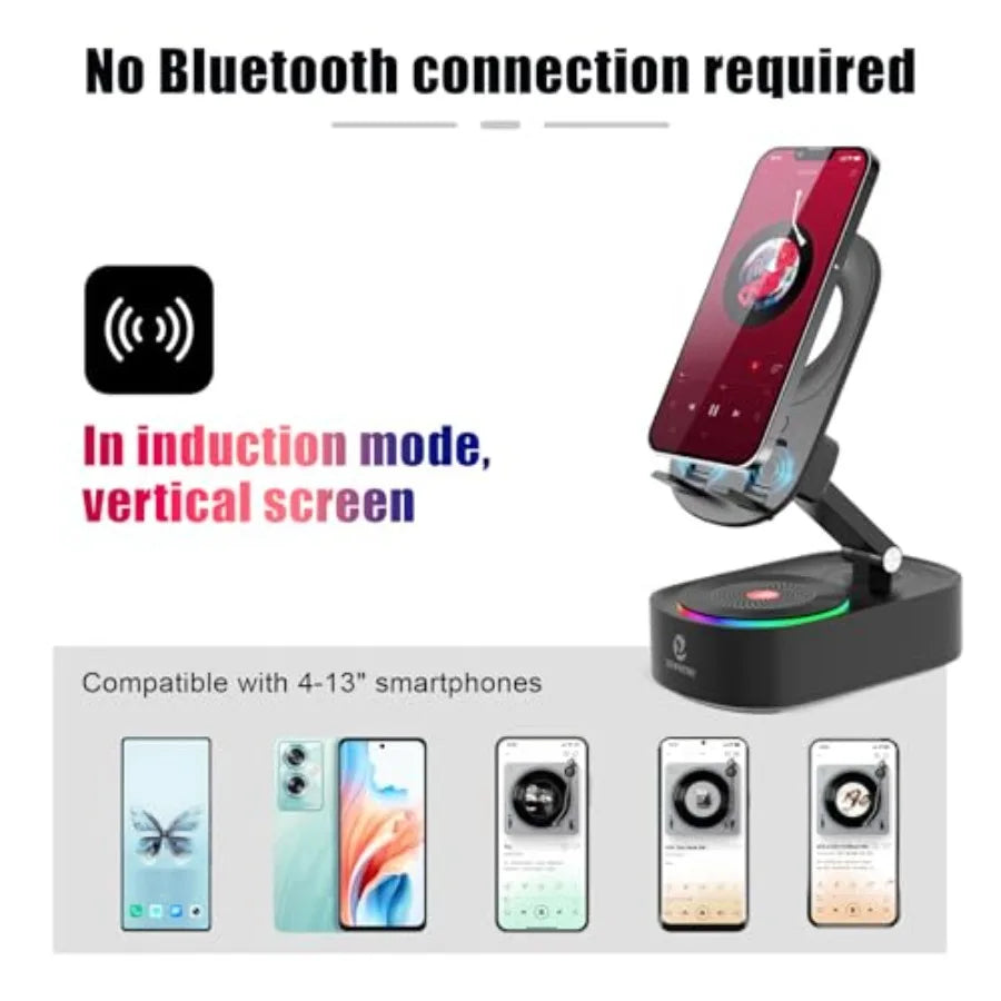 Corporación Turística Bluetooth 5 en 1 speaker with mobile stand, RGB lights, and 8-hour battery life in black.