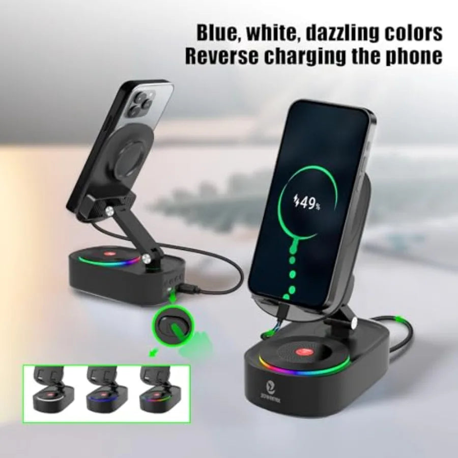 Corporación Turística Bluetooth 5 en 1 speaker with mobile support, RGB light, and 8-hour battery in a sleek electronic design.