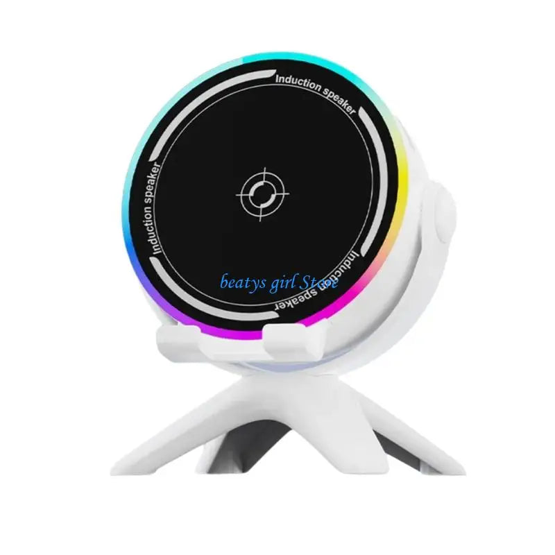 White Bluetooth C7AB speaker with RGB lights and mobile support, from Corporación Turística, showcasing its sleek design.