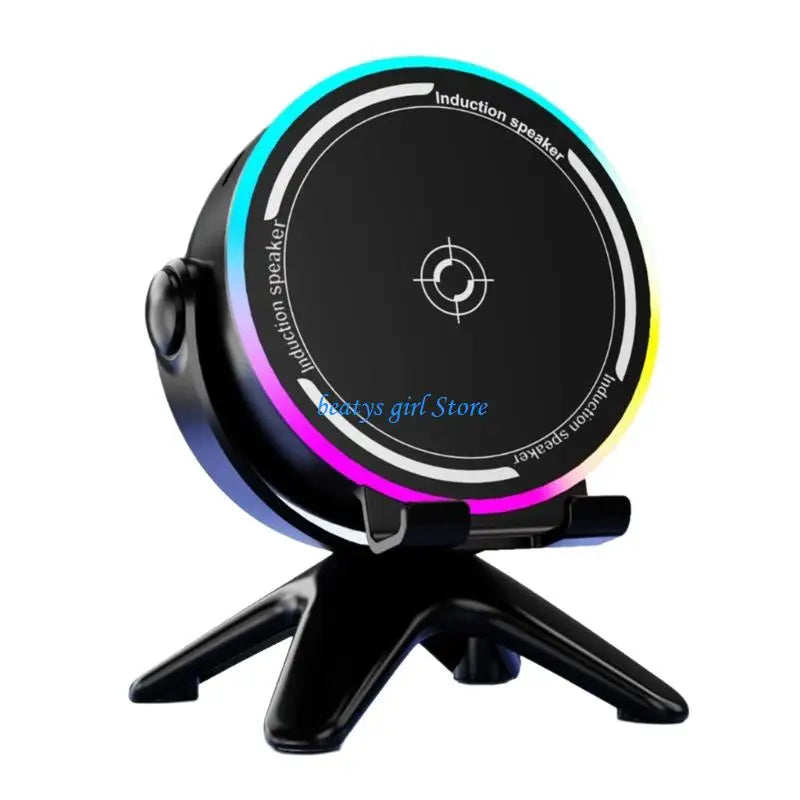 White Bluetooth C7AB speaker with RGB lights and mobile support from Corporación Turística, showcasing a sleek electronic audio device.