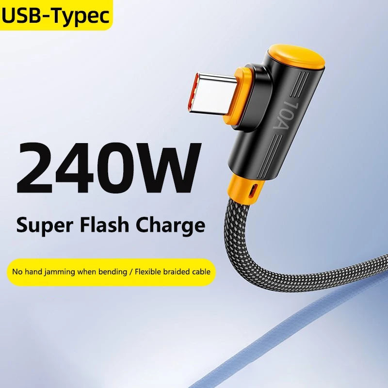 Black USB-C 240W cable with 90° connector for fast charging Samsung, Huawei, and iPhone devices.