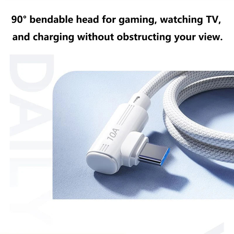 Black USB-C 240W cable with 90° connector, compatible with Samsung, Huawei, and iPhone for fast charging, 1.5 meters long.