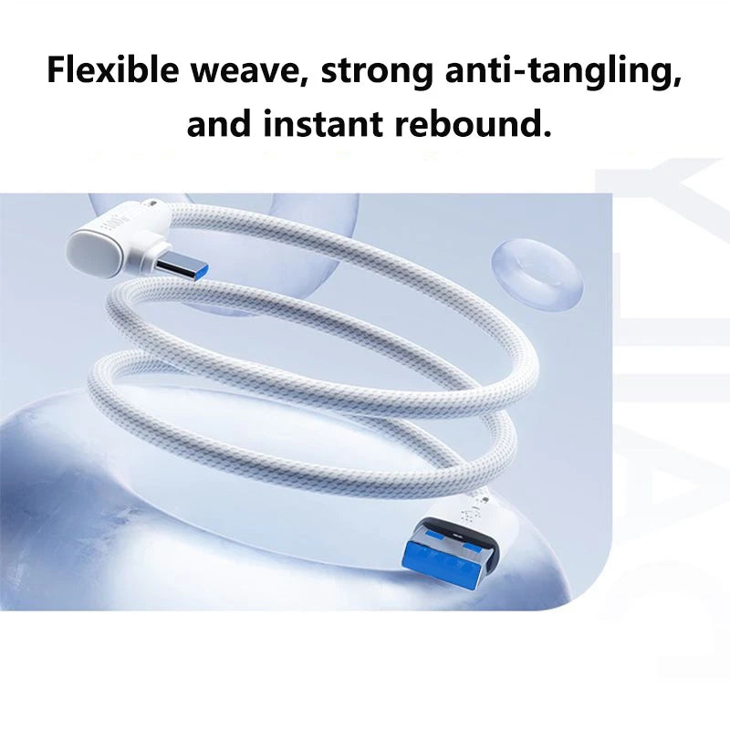 Black USB-C 240W charging cable with 90° connector for Samsung, Huawei, and iPhone, 1.5 meters long, by Corporación Turística.